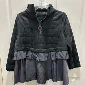 IC By Connie K Top Womens M Black Gray High Neck Smock Ruffled Tier Boho